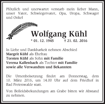 Traueranzeige von Wolfgang Kühl von Märkische Oderzeitung
