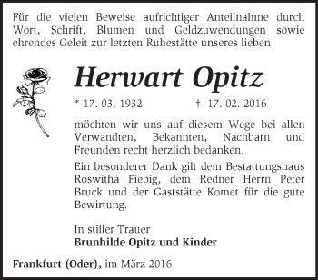 Traueranzeige von Herwart Opitz von Märkische Oderzeitung