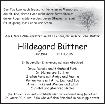Traueranzeige von Hildegard Büttner von Märkische Oderzeitung