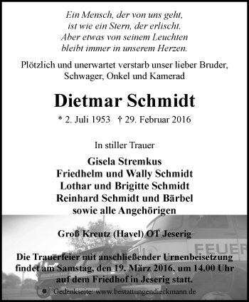 Traueranzeige von Dietmar Schmidt von Märkische Oderzeitung