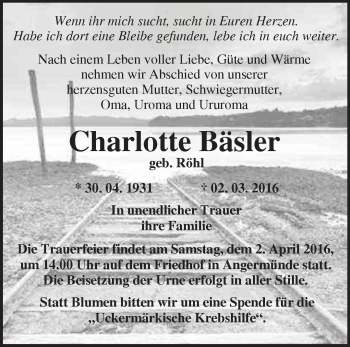 Traueranzeige von Charlotte Bäsler von Märkische Oderzeitung