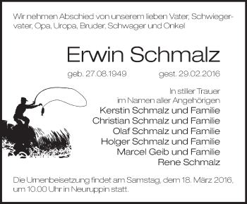 Traueranzeige von Erwin Schmalz von Märkische Oderzeitung