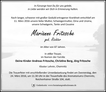 Traueranzeige von Marianne Fritzsche von Märkische Oderzeitung