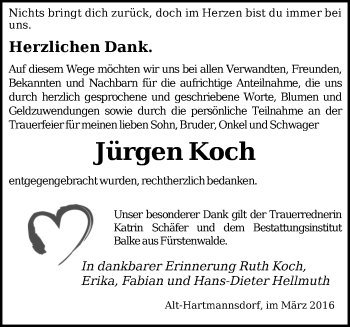 Traueranzeige von Jürgen Koch von Märkische Oderzeitung