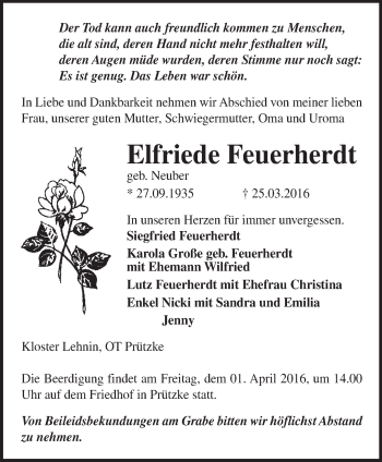 Traueranzeige von Elfriede Feuerherdt von Märkische Oderzeitung