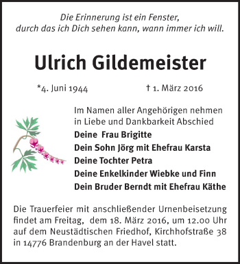 Traueranzeige von Ulrich Gildemeister von Märkische Oderzeitung