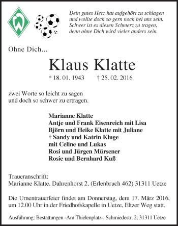 Traueranzeige von Klaus Klatte von Märkische Oderzeitung