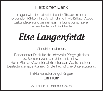 Traueranzeige von Else Langenfeidt von Märkische Oderzeitung