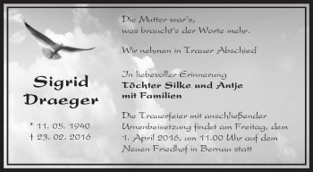 Traueranzeige von Sigrid Draeger von Märkische Oderzeitung