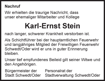 Traueranzeige von Karl-Ernst Stein von Märkische Oderzeitung