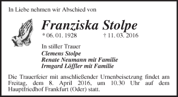 Traueranzeige von Franziska Stolpe von Märkische Oderzeitung