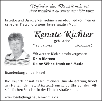 Traueranzeige von Renate Richter von Märkische Oderzeitung