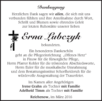 Traueranzeige von Erna Lubczyk von Märkische Oderzeitung