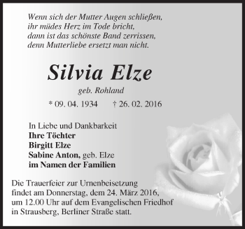 Traueranzeige von Silvia Elze von Märkische Oderzeitung