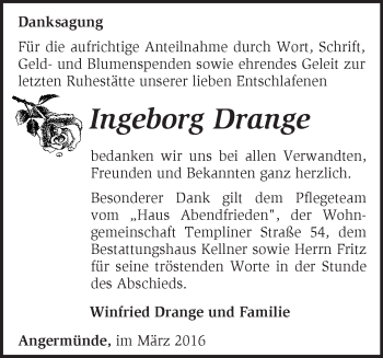 Traueranzeige von Ingeborg Drange von Märkische Oderzeitung