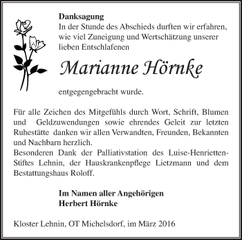 Traueranzeige von Marianne Hörnke von Märkische Oderzeitung