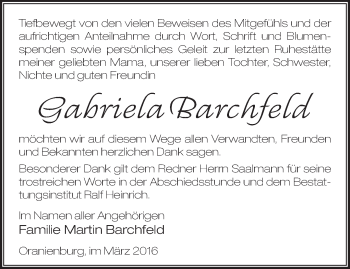 Traueranzeige von Gabriela Barchfeld von Märkische Oderzeitung