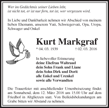 Traueranzeige von Kurt Markgraf von Märkische Oderzeitung