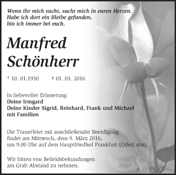 Traueranzeige von Manfred Schönherr von Märkische Oderzeitung
