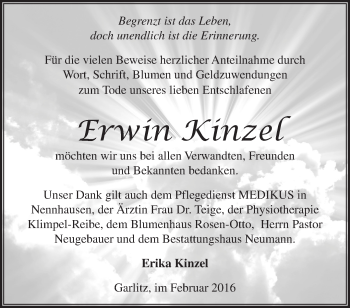 Traueranzeige von Erwin Kinzel von Märkische Oderzeitung