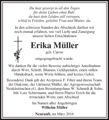 Traueranzeige von Erika Müller von Märkische Oderzeitung