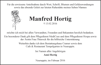 Traueranzeige von Manfred Hortig von Märkische Oderzeitung