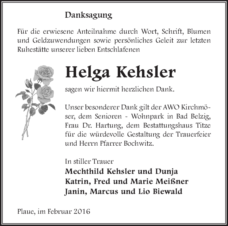  Traueranzeige für Helga Kehsler vom 06.03.2016 aus Märkische Oderzeitung