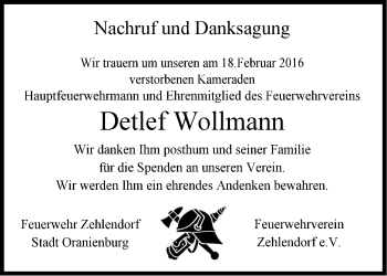 Traueranzeige von Detlef Wollmann von Märkische Oderzeitung