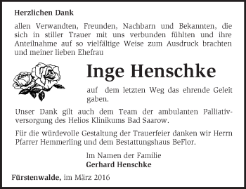 Traueranzeige von Inge Henschke von Märkische Oderzeitung