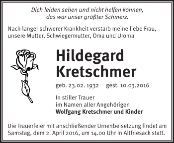 Traueranzeige von Hildegard Kretschmer von Märkische Oderzeitung