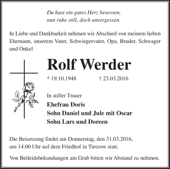 Traueranzeige von Rolf Werder von Märkische Oderzeitung