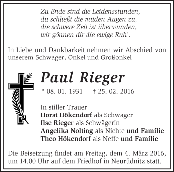 Traueranzeige von Paul Rieger von Märkische Oderzeitung