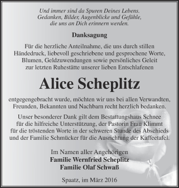 Traueranzeige von Alice Scheplitz von Märkische Oderzeitung