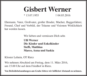 Traueranzeige von Gisbert Werner von Märkische Oderzeitung