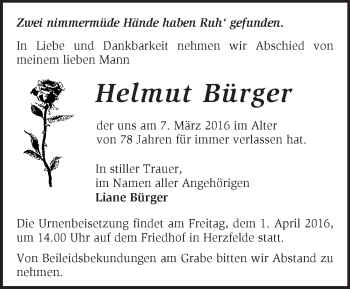 Traueranzeige von Helmut Bürger von Märkische Oderzeitung