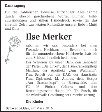 Traueranzeige von Ilse Merker von Märkische Oderzeitung