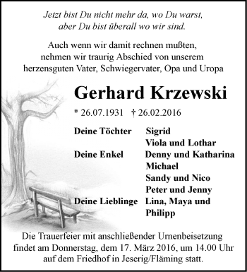 Traueranzeige von Gerhard Krzewski von Märkische Oderzeitung