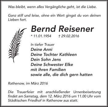 Traueranzeige von Bernd Reisener von Märkische Oderzeitung