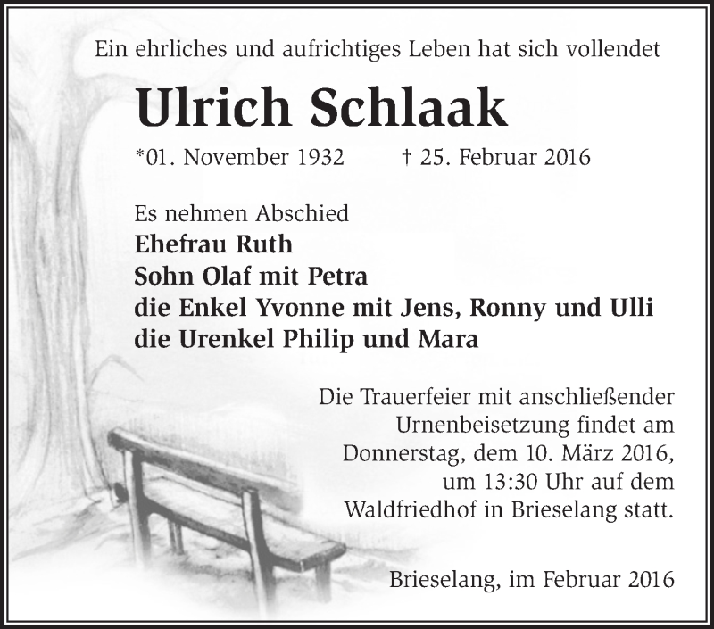  Traueranzeige für Ulrich Schlaak vom 06.03.2016 aus Märkische Oderzeitung