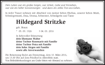 Traueranzeige von Hildegard Stritzke von Märkische Oderzeitung