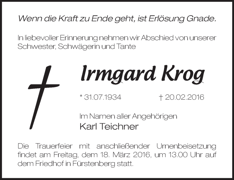  Traueranzeige für Irmgard Krog vom 12.03.2016 aus Märkische Oderzeitung
