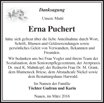 Traueranzeige von Erna Puchert von Märkische Oderzeitung