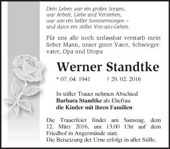 Traueranzeige von Werner Standtke von Märkische Oderzeitung