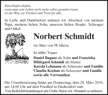 Traueranzeige von Norbert Schmidt von Märkische Oderzeitung