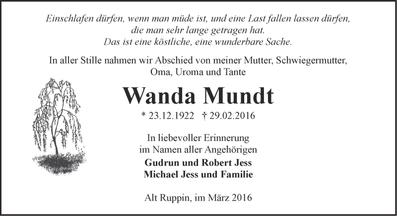  Traueranzeige für Wanda Mundt vom 19.03.2016 aus Märkische Oderzeitung