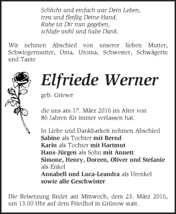 Traueranzeige von Elfriede Werner von Märkische Oderzeitung