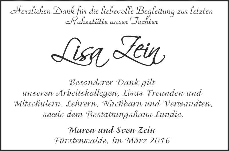  Traueranzeige für Lisa  vom 05.03.2016 aus Märkische Oderzeitung