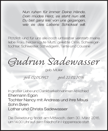 Traueranzeige von Gudrun Sadewasser von Märkische Oderzeitung