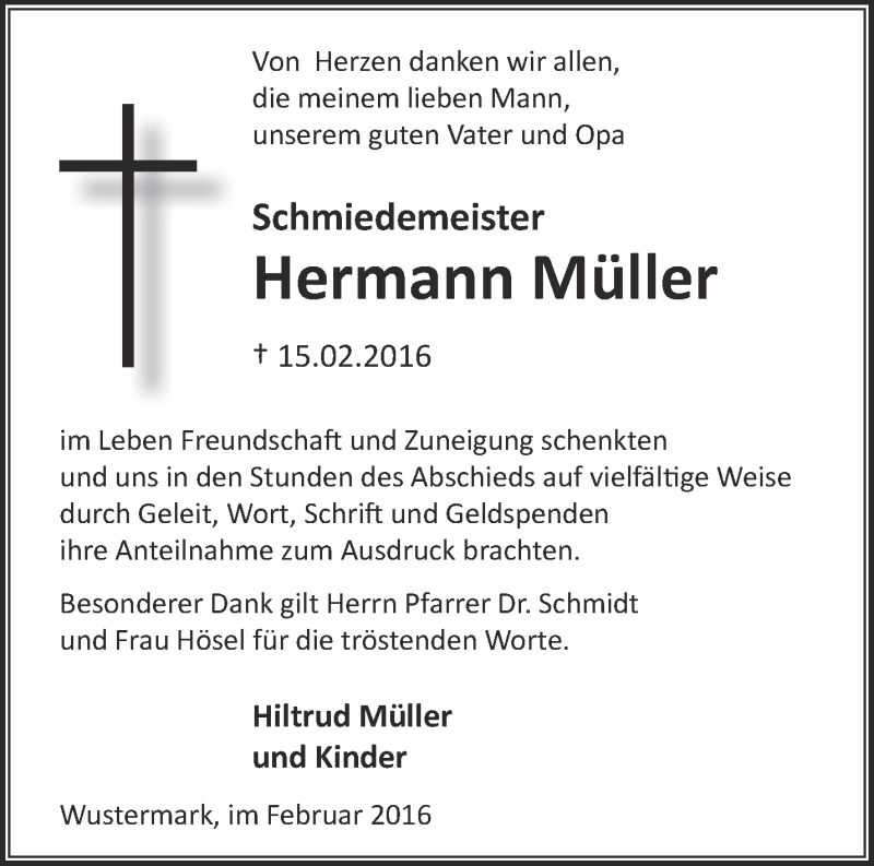  Traueranzeige für Hermann Müller vom 06.03.2016 aus Märkische Oderzeitung