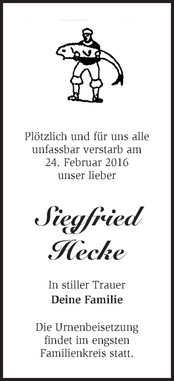 Traueranzeige von Siegfried Hecke von Märkische Oderzeitung